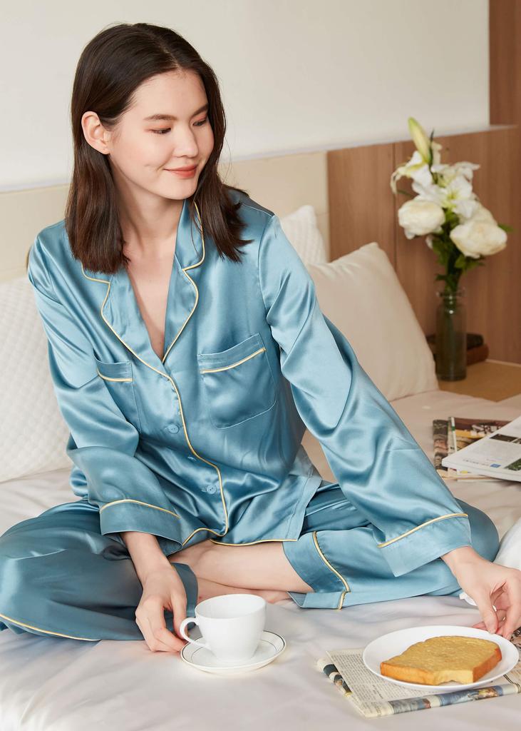 LILYSILK Women's 22MM Gold Piping Silk Pajamas Set
