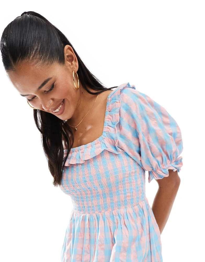 New Look New Look puff sleeve milkmaid dress in blue and pink gingham 2