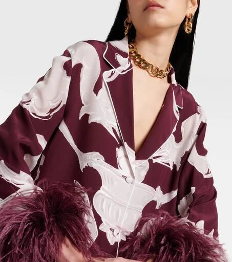 Valentino Printed feather-trimmed silk crêpe de chine blouse 4