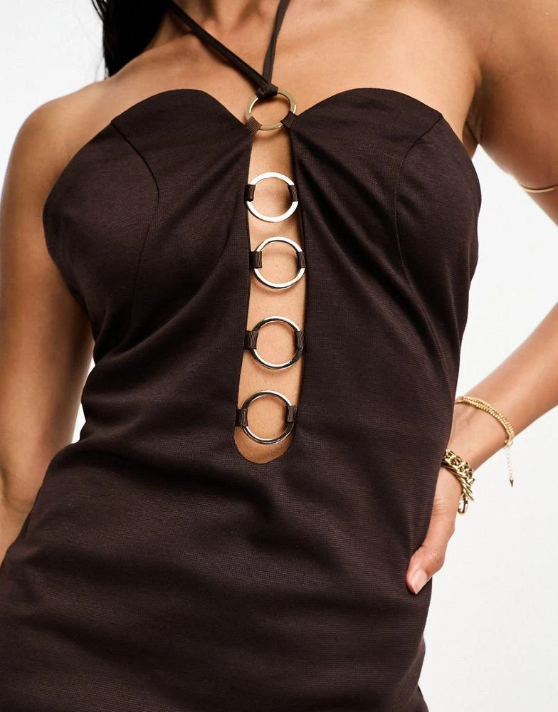 ASOS DESIGN ASOS DESIGN halter mini dress with ring trim detail in chocolate 3