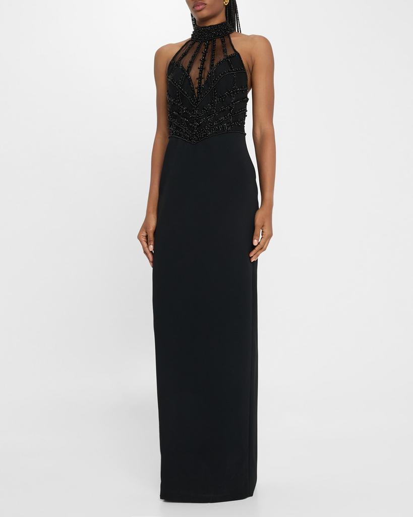 Pamella Roland Embroidered Crepe Halter Illusion Gown