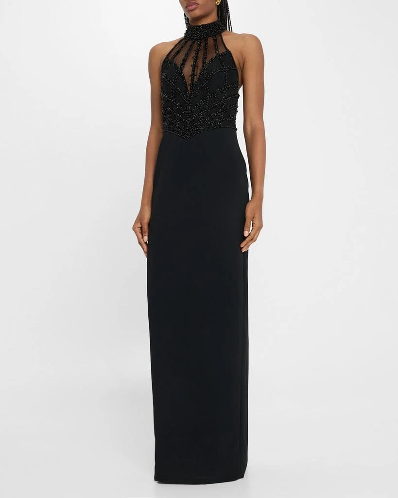 Pamella Roland Embroidered Crepe Halter Illusion Gown 2