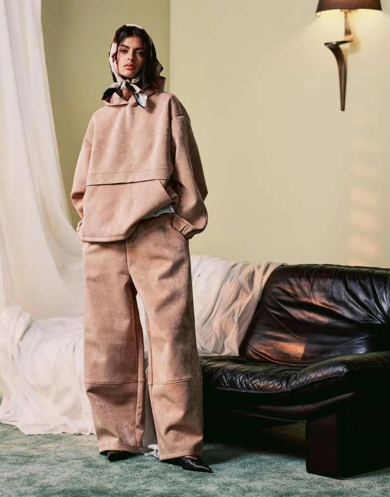ASOS ASOS DESIGN wide leg trouser co-ord in sheeny scuba fabric in beige 3