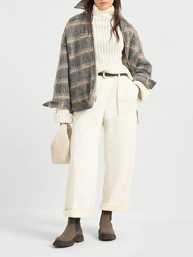 Brunello Cucinelli Dyed Cotton and Wool Wrinkled Denim Utility Track Trousers with Monili 5