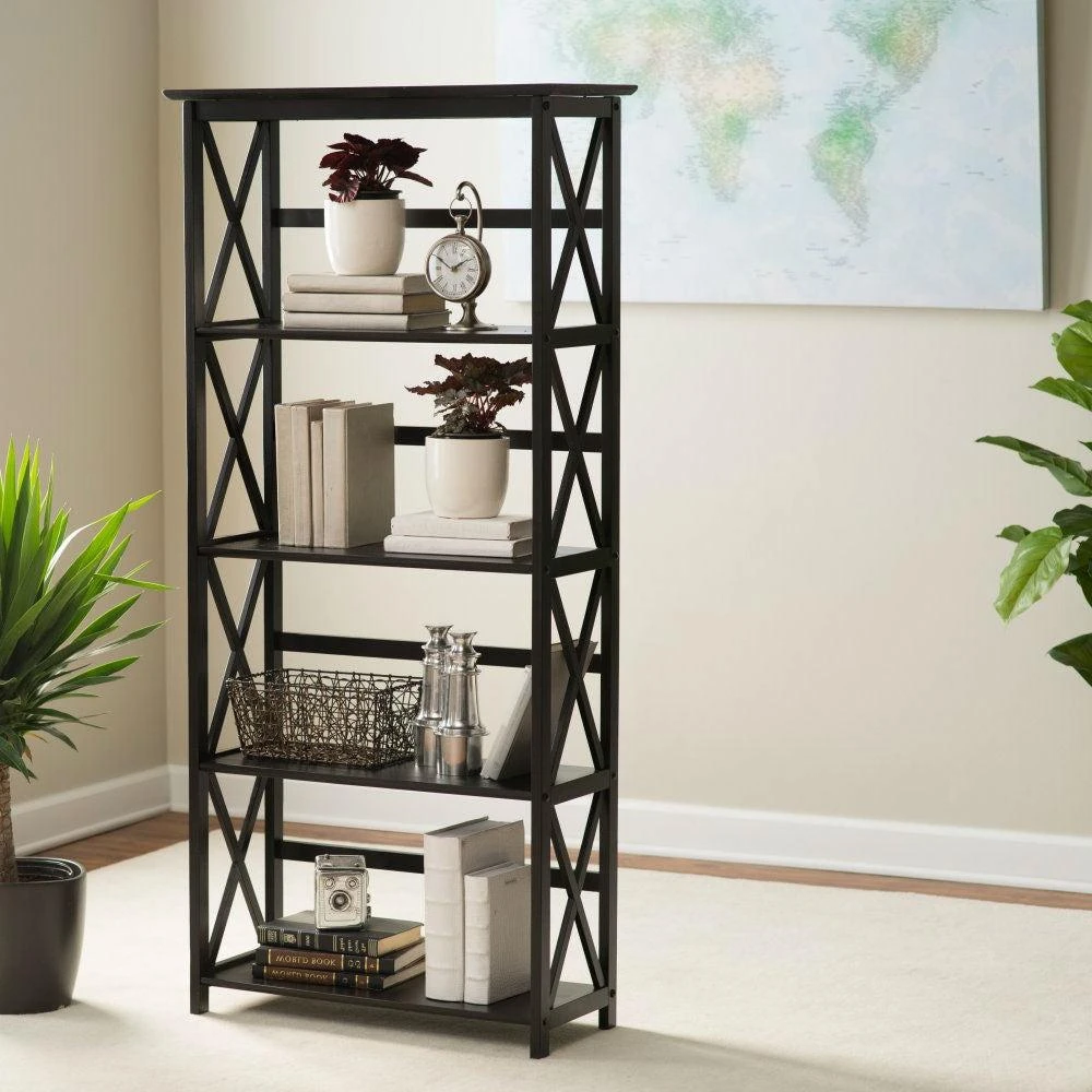 Hivvago Tall 5-Tier Bookcase in Black Wood Finish 2
