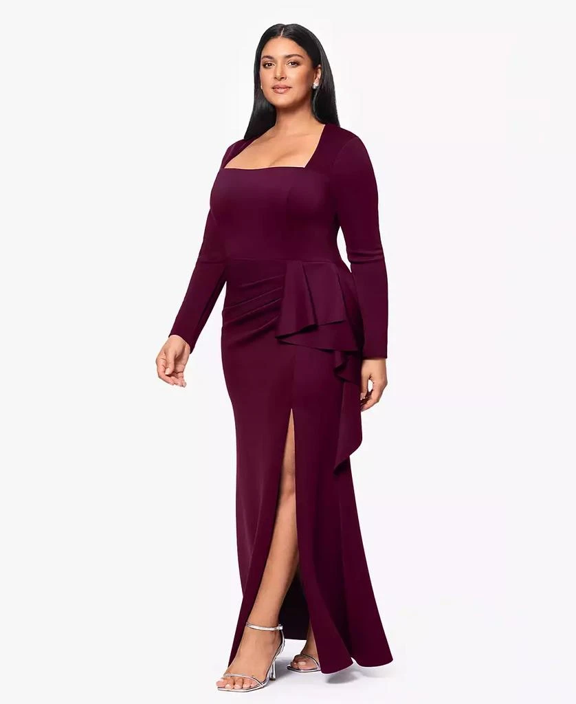 XSCAPE Plus Size Scuba Square-Neck Ruffle-Side Gown 2