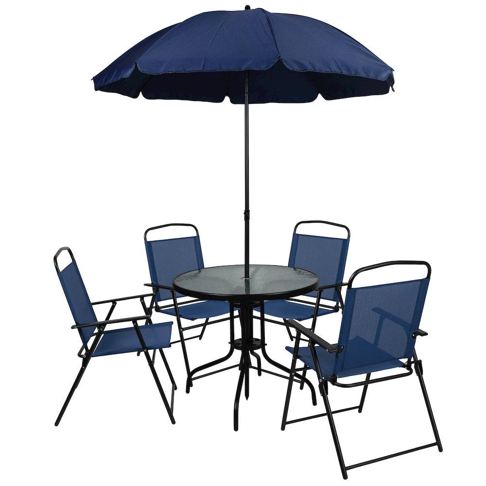 Flash Furniture 6 Piece Navy Patio Garden Set with Umbrella Table and Set of 4 Folding Chairs