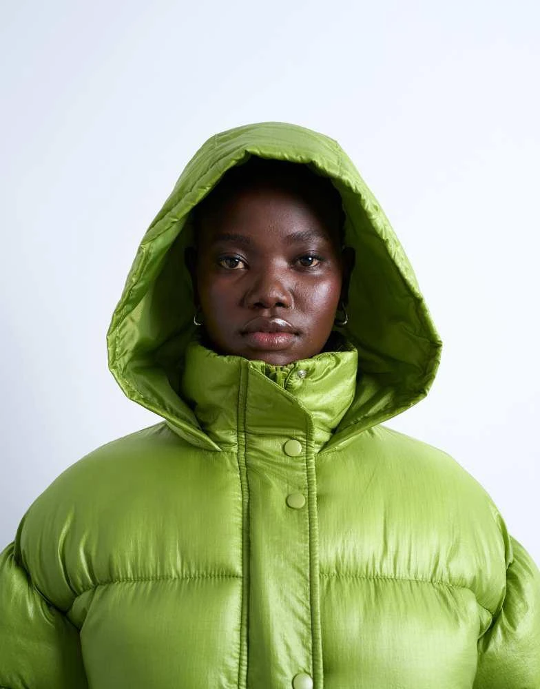 Topshop Topshop High shine ripstop funnel neck puffer jacket in bright green 4