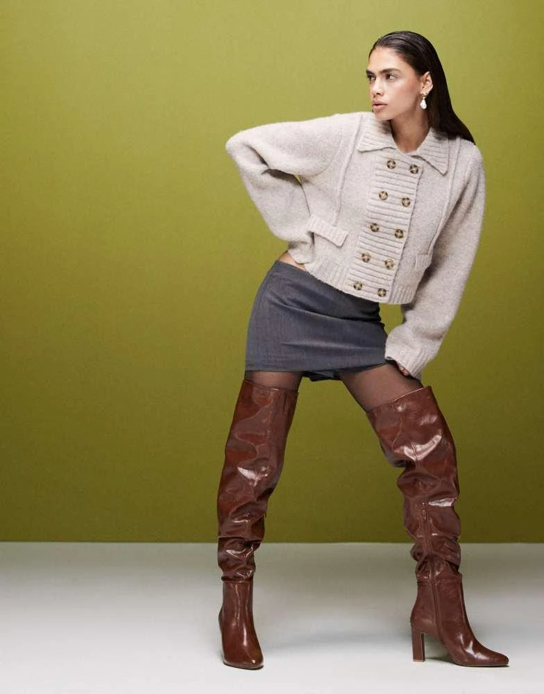 ASOS ASOS DESIGN Kaia block heeled ruched over the knee boots in tan 1