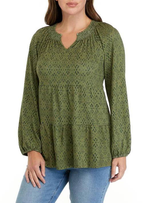 Wonderly Womens Long Sleeve Smocked Notch Neck Tiered Tunic 1