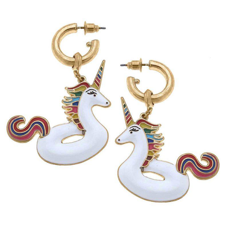 Canvas Style Women's Unicorn Pool Float Enamel Earrings