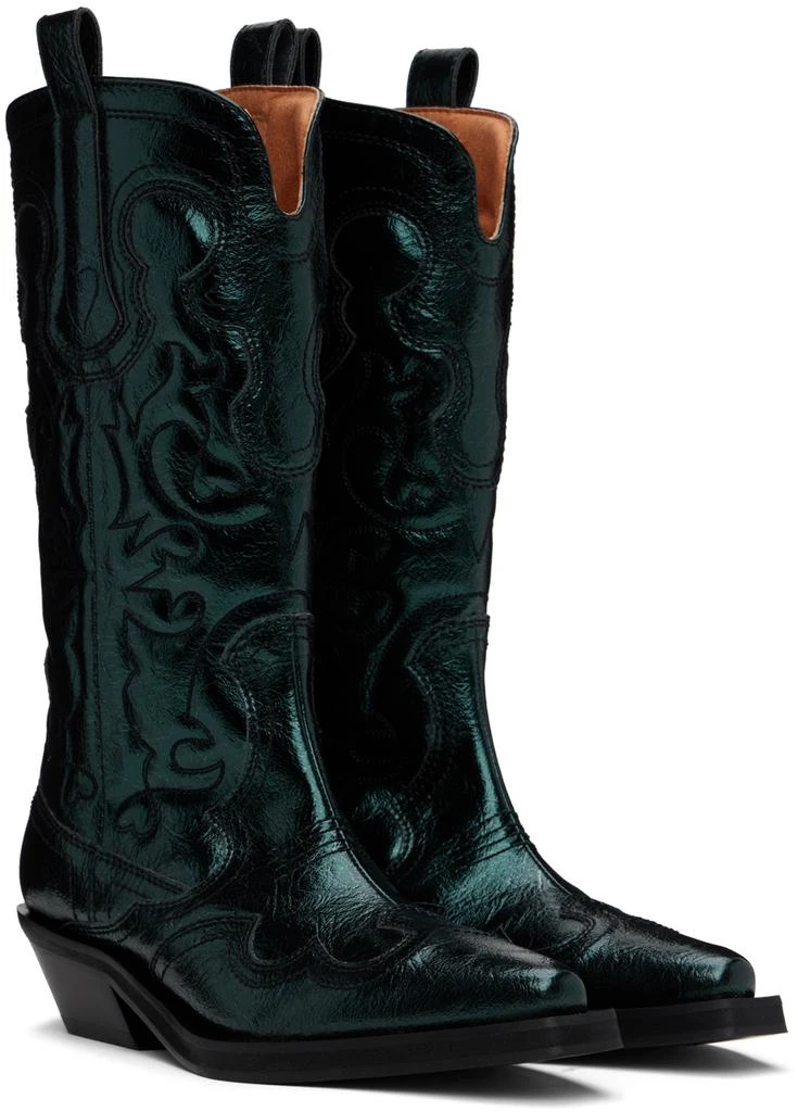 Ganni Green Metallic Mid Shaft Embroidered Western Boots 4
