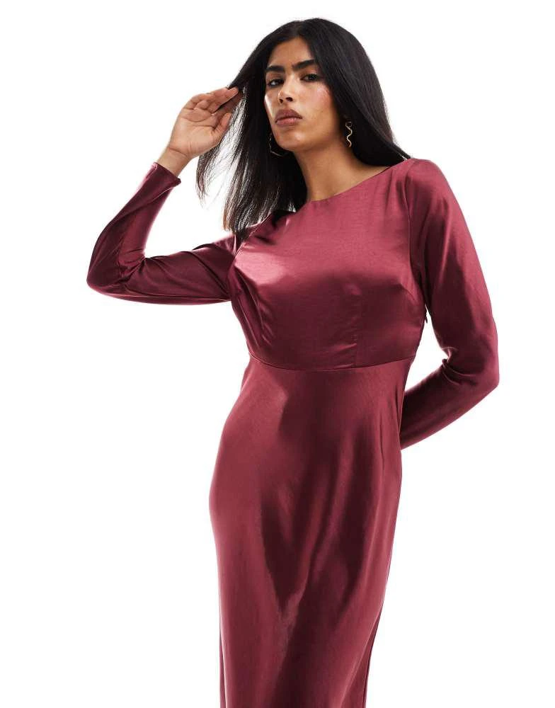 Six Stories Six Stories Bridesmaids long sleeve cowl back satin maxi dress in burgundy 4