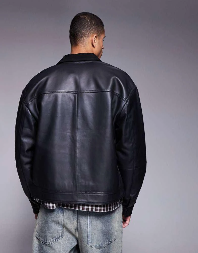 ASOS ASOS DESIGN Premium real leather harrington jacket with suede collar in black 4