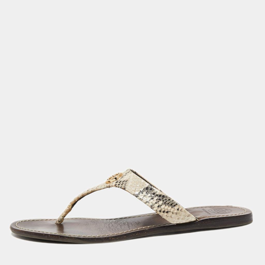 Tory Burch Tory Burch Beige/Black Snakeskin Embossed Leather Flat Thong Sandals Size 38.5