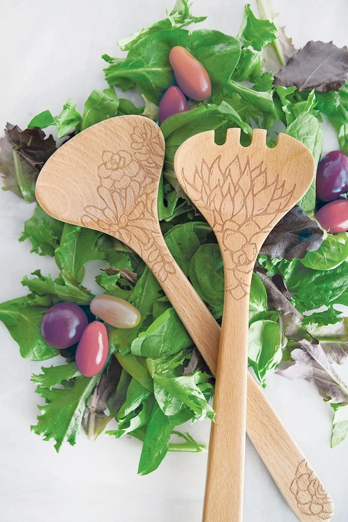 Talisman Designs Talisman Designs Laser Etched Beechwood Salad Serving Set, Succulent Collection, Set of 2 2