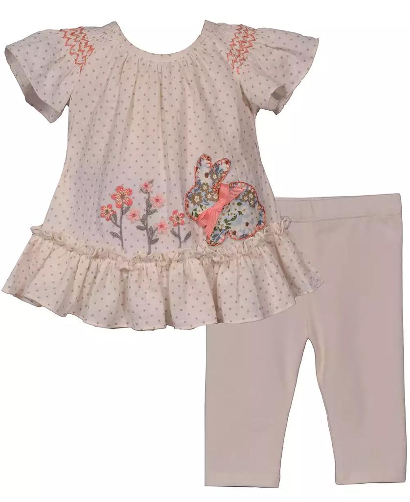 Bonnie Baby Baby Girls 2-Piece Smocked Bunny Top and Floral Applique Legging