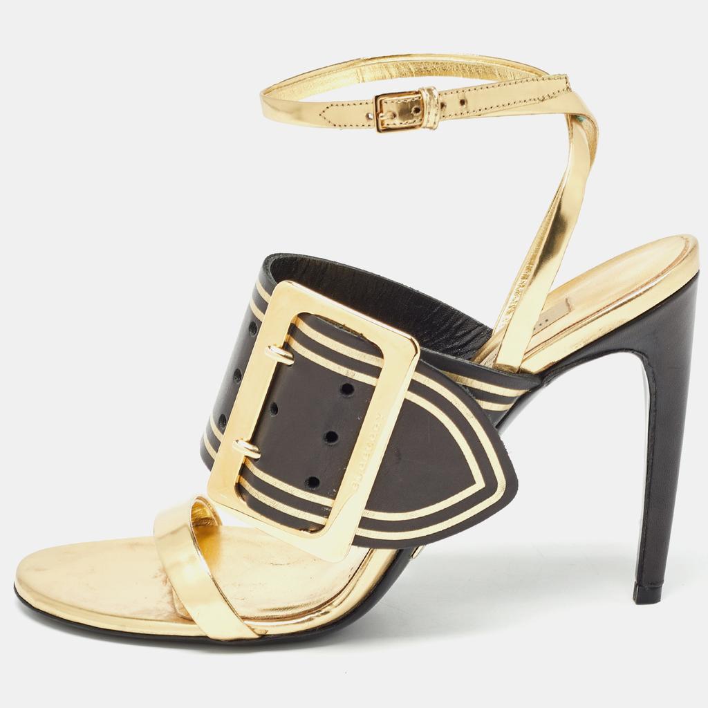 Burberry Burberry Black/Gold Leather Buckle Detail Ankle Strap Sandals Size 39