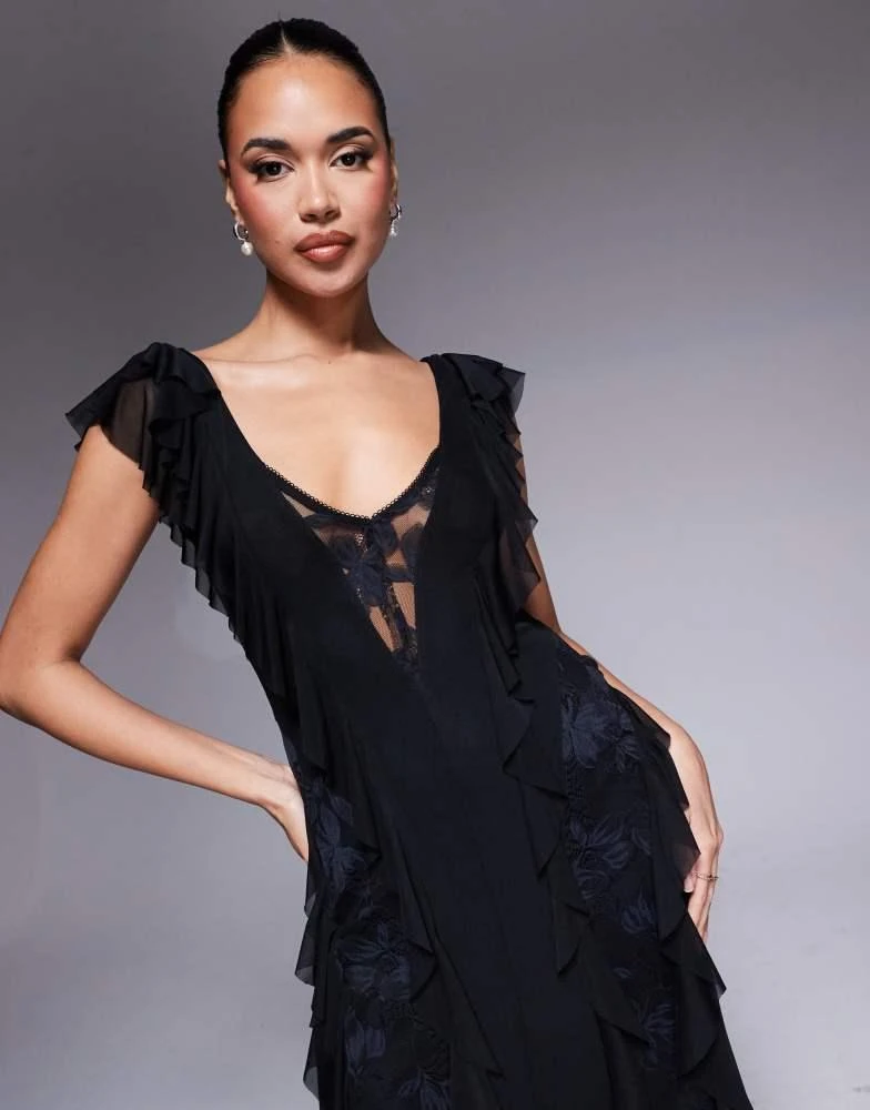 AFRM AFRM Trista mesh ruffle maxi dress with lace panels in black 2