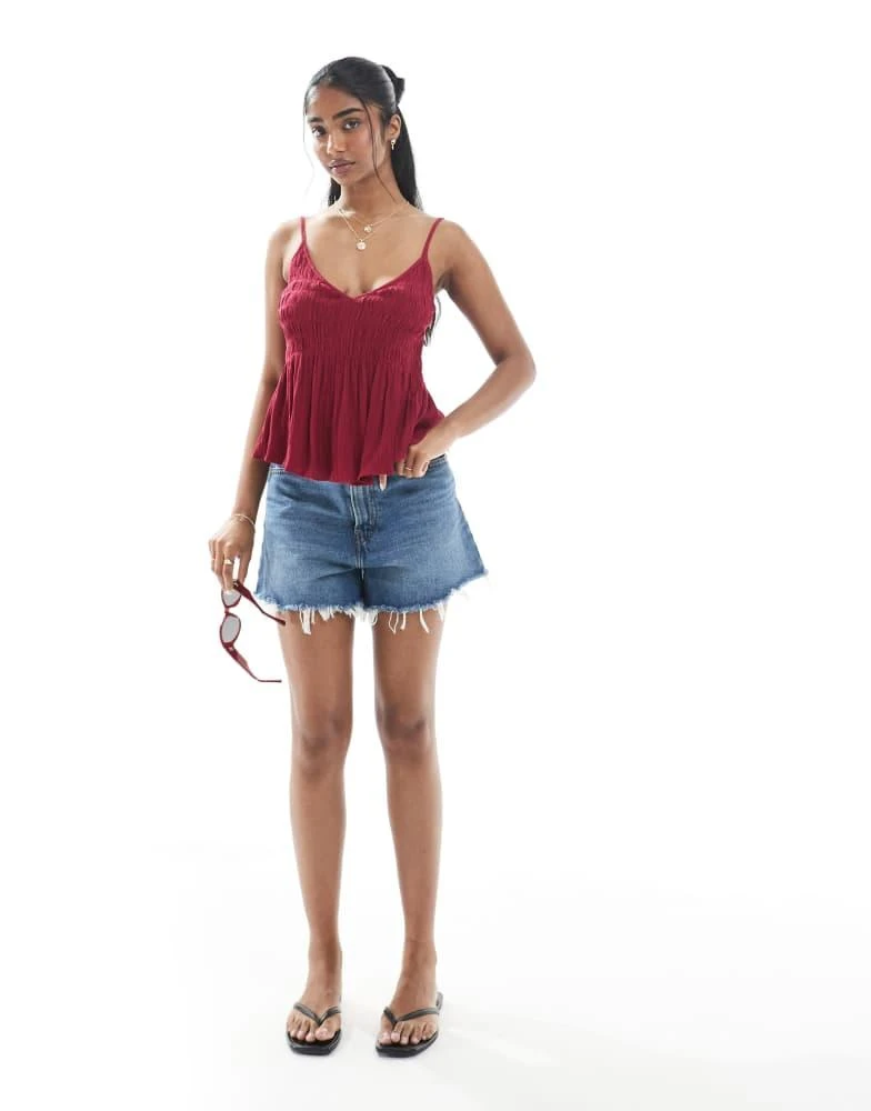 ASOS ASOS DESIGN V neck shirred cami in burgundy 4