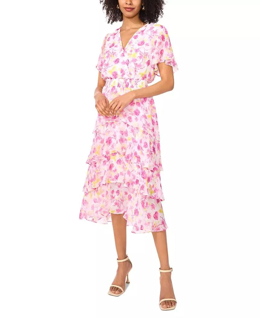 Vince Camuto Women's Smocked Waist V-Neck Tiered Midi Dress 1