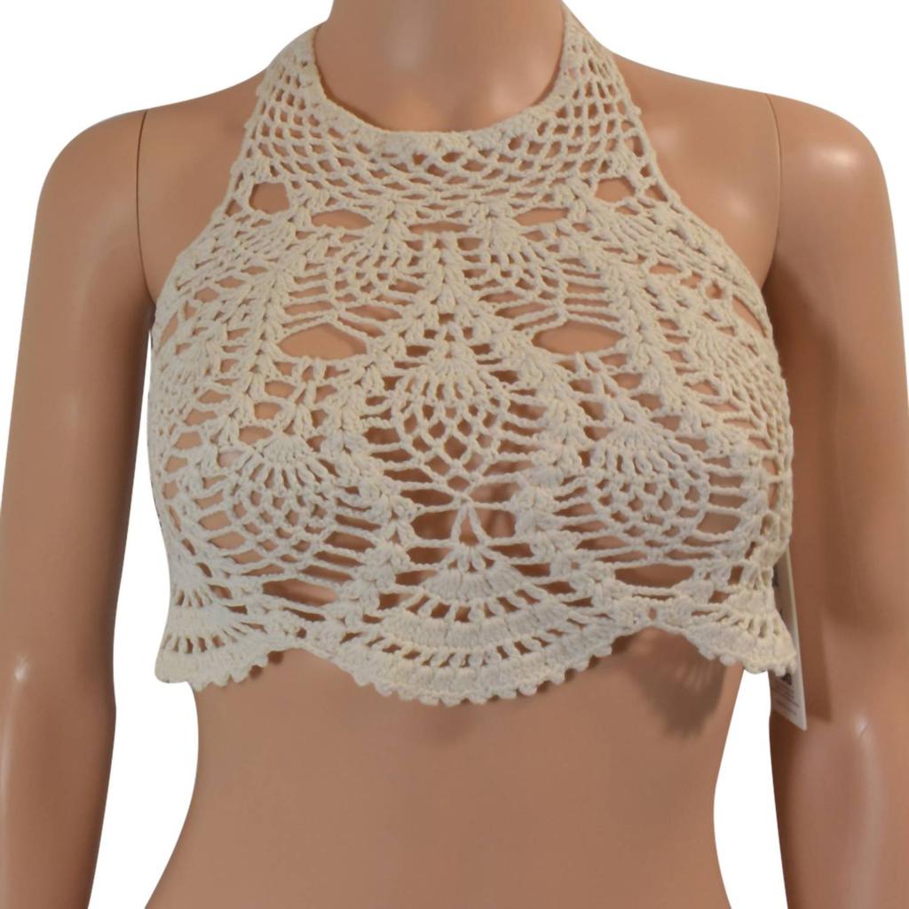 MINKPINK DREAMWEAVER HALTER TIE STRAP CROCHET BIKINI TOP