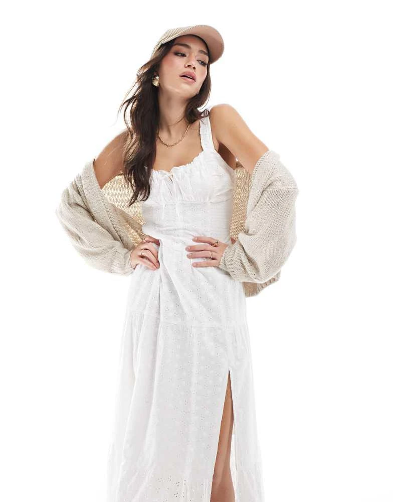 HOLLISTER Hollister embroidered eyelet detail shirred bust maxi dress with thigh split in white 1