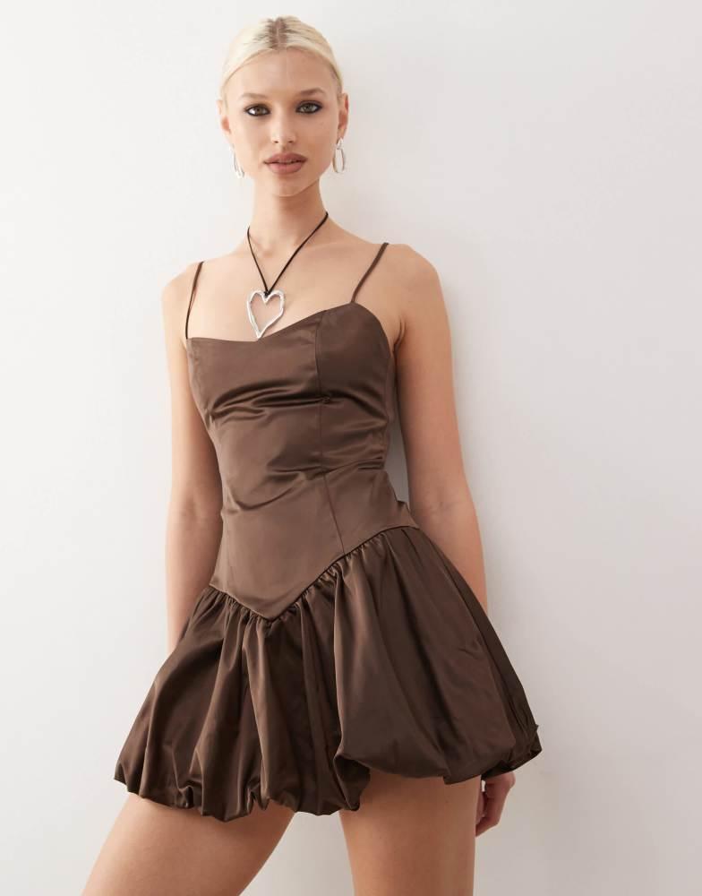 Lioness Lioness satin corset detail puffball mini dress in brown