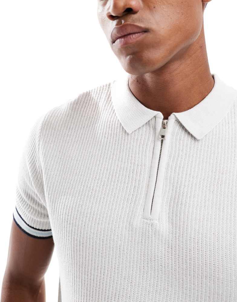 Brave Soul Brave Soul Zip neck knitted polo with contract trim in natural