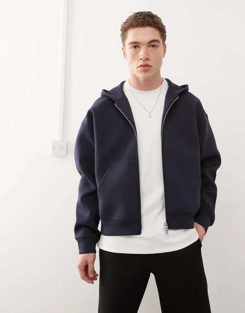 Weekday Weekday Simon  zip through hoodie in navy in scuba-style fabric 1