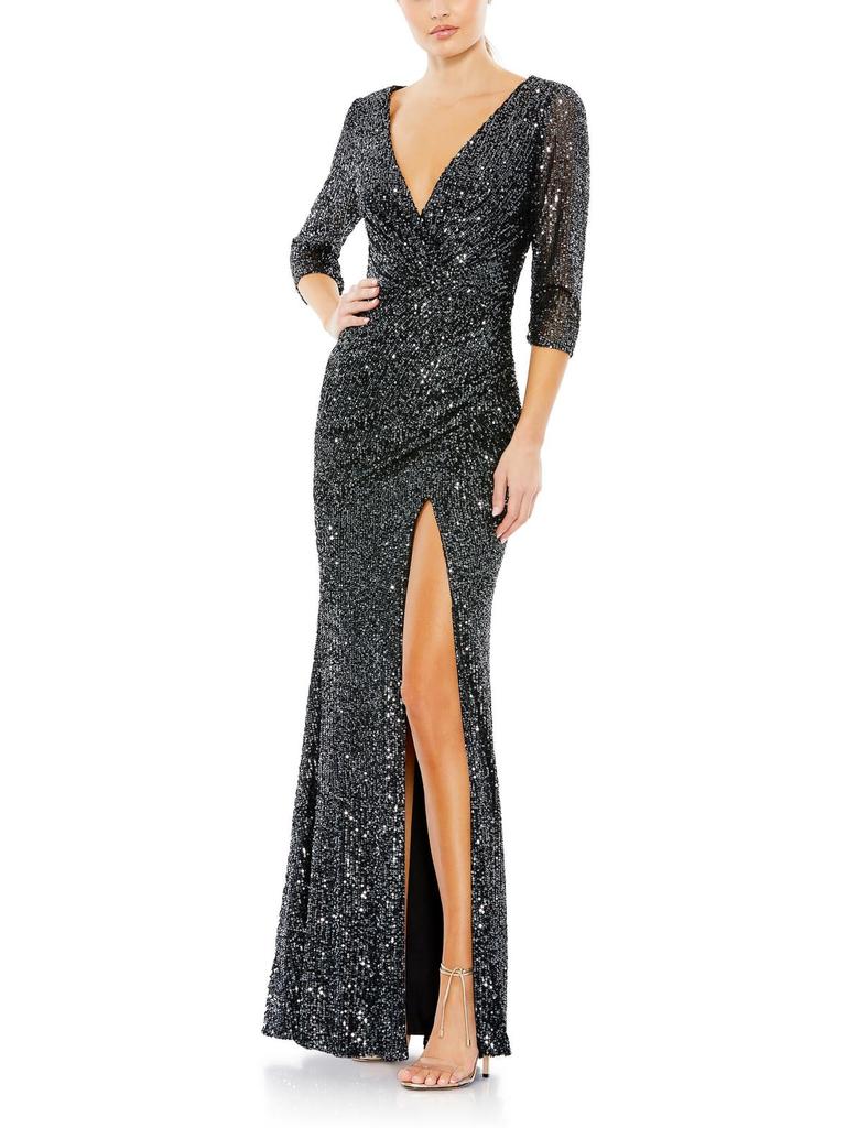 Ieena for Mac Duggal Womens Sequined Plunge Evening Dress