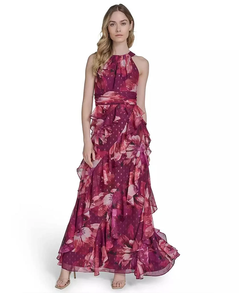 Eliza J Petite Printed Chiffon Ruffled-Skirt Halter Gown 1