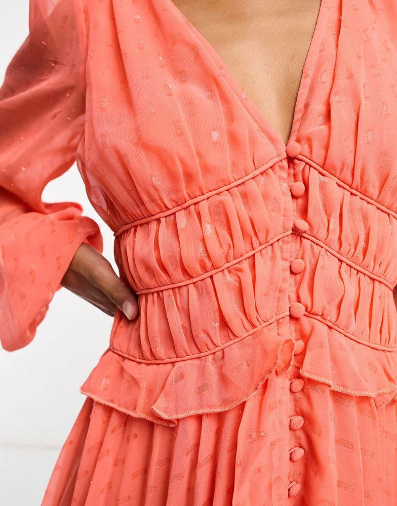 ASOS ASOS DESIGN Petite button through ruched waist pleated mini dress in metallic dobby in coral 3