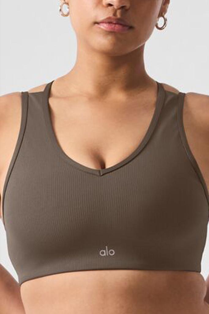 Alo Airlift Ribbed Jump Start V-Neck Bra - Olive Tree - Lingerie