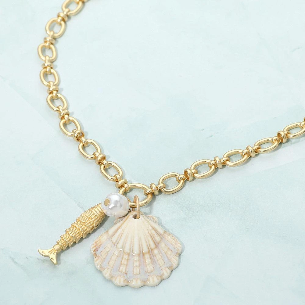 FASHNZFAB Shell Pearl Fish Charm Pendant Necklace