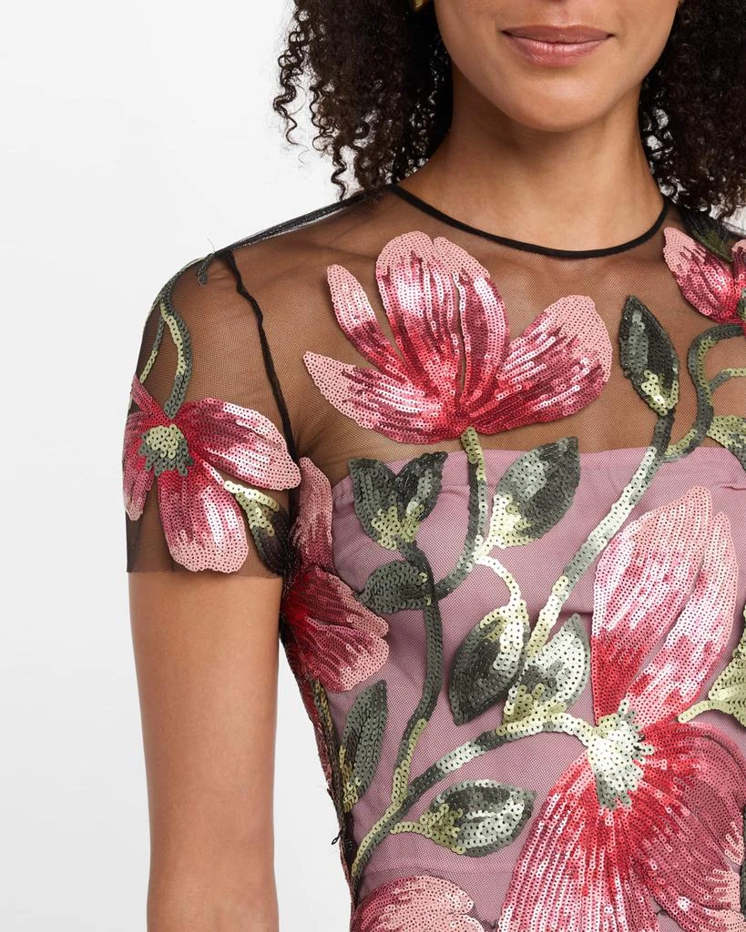 Naeem Khan Floral Matte Sequined Tulle Cap-Sleeve Cocktail Dress 5