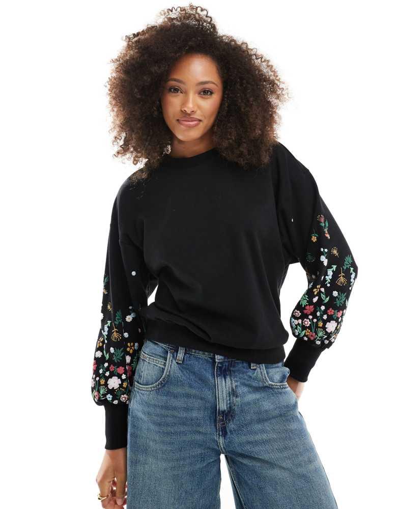 ONLY ONLY crew neck jumper with floral sleeve detail in black