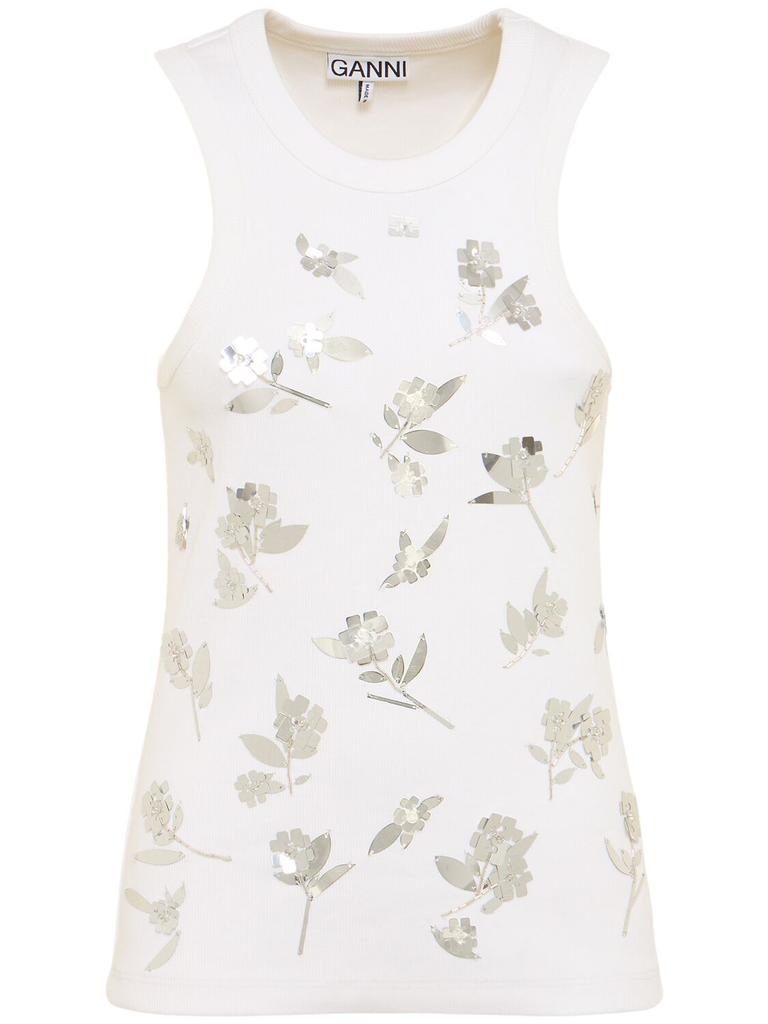 GANNI Embellished Rib Jersey Tank Top