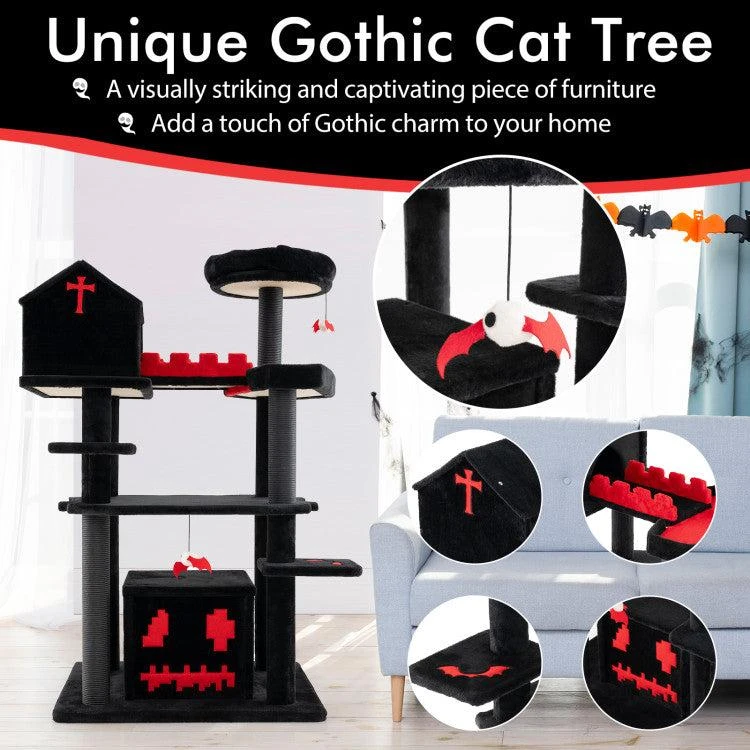 Hivvago Gothic Cat Tree 49 Inch Tall Cat Tower 6-Tier Cat Activity Center With Coffin Bed 6