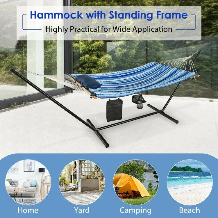 Hivvago Hammock Chair Stand Set Cotton Swing with Pillow Cup Holder Indoor Outdoor 5
