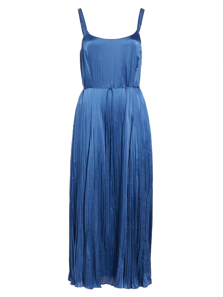 Vince Crushed Satin Pleated Tie-Waist Slip Midi-dress
