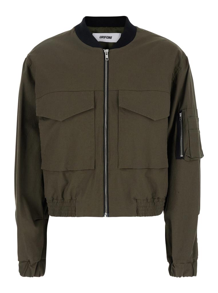 MAURO GRIFONI Green Cropped Jacket With Maxi Pockets On Front And Sleeve In Cotton Woman