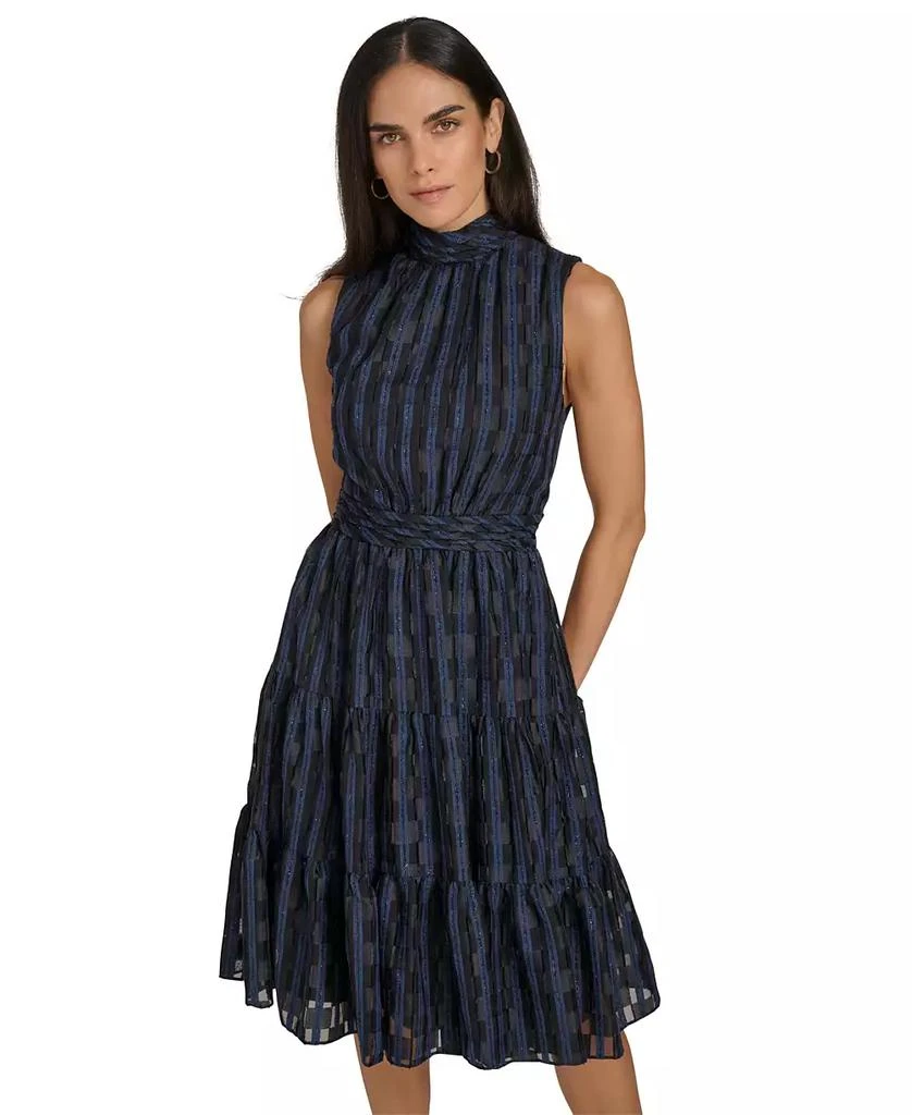 Calvin Klein Women's Checkered Shimmering Tiered A-Line Midi Dress 4