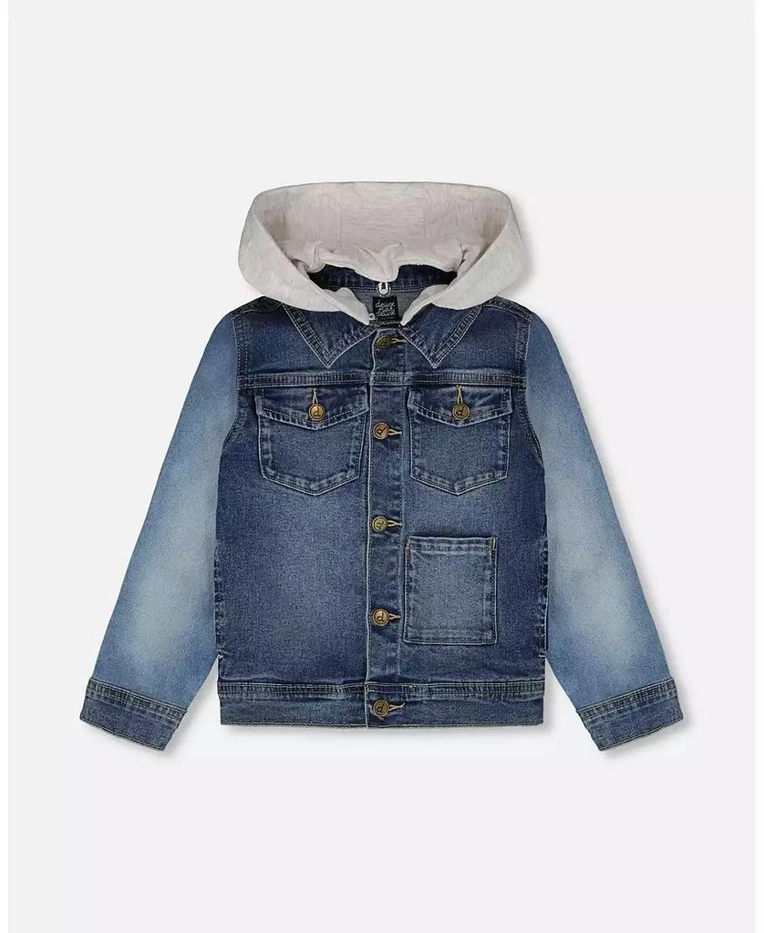 Deux par Deux Boys Navy Blue Denim Jacket with Removable French Terry Hood
