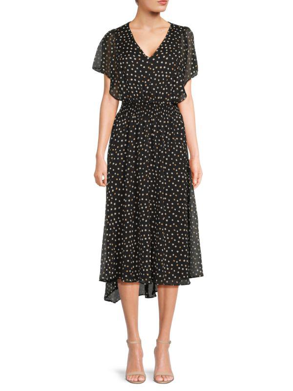 DKNY Polka Dot Flutter Sleeve Midi-Dress