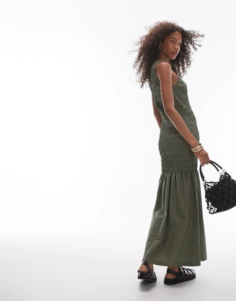 Topshop Topshop shirred maxi dress with contrast top stitch in khaki 3
