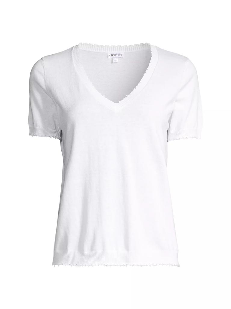 Minnie Rose Cotton-Cashmere Frayed V-Neck T-Shirt