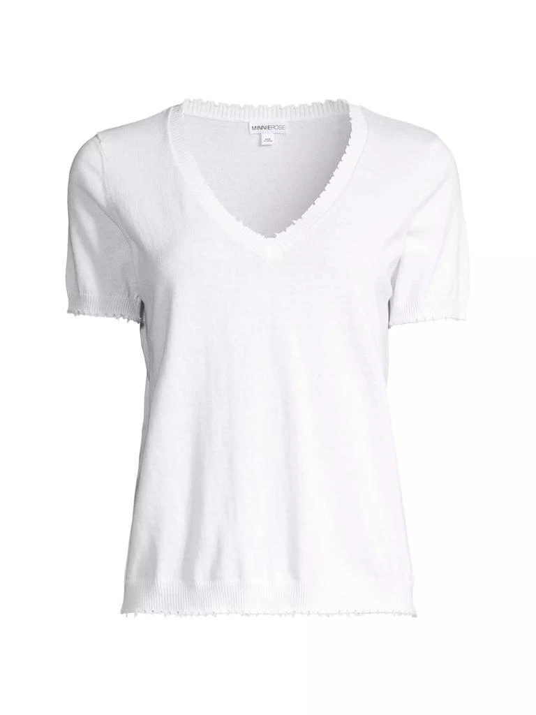 Minnie Rose Cotton-Cashmere Frayed V-Neck T-Shirt 1