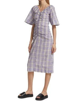 Ganni Seersucker Check V-Neck Midi-Dress 1