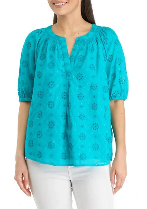 Crown & Ivy™ Ivy Petite Short Puff Sleeve Eyelet Peasant Top 1